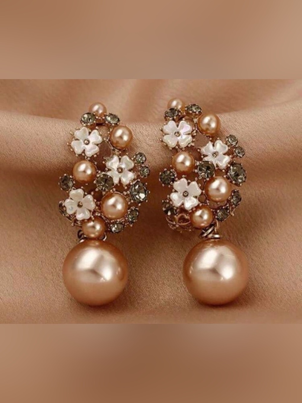 Vintage Rose Gold Pearl Floral Drop Earrings